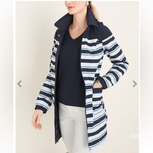 Chico’s rain jacket Navy White Striped removable hood Chicos size 2, SIZE 12/14